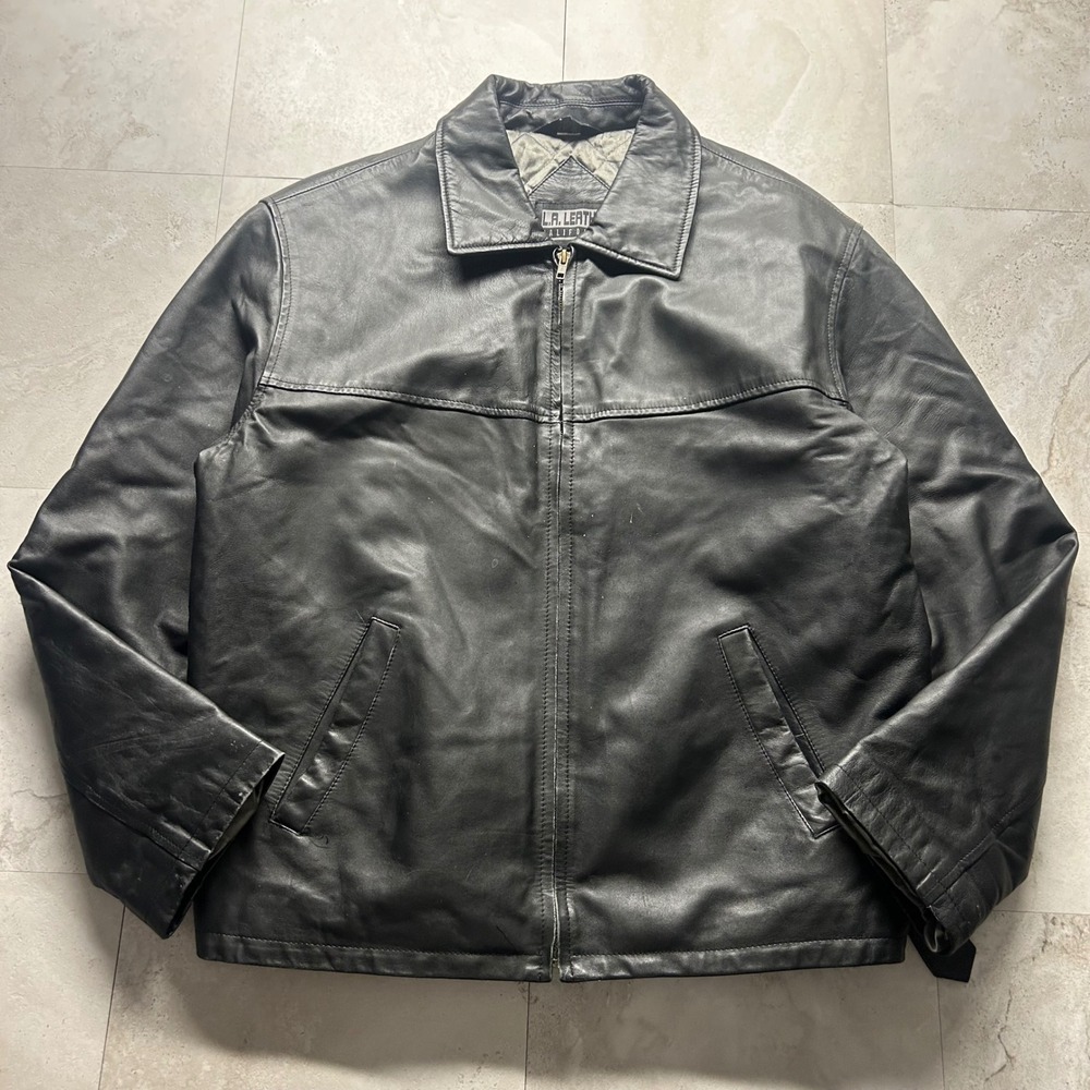 LA Leather California Jacket Black Mens Large Regular Zip Up Quilted Lined Moto